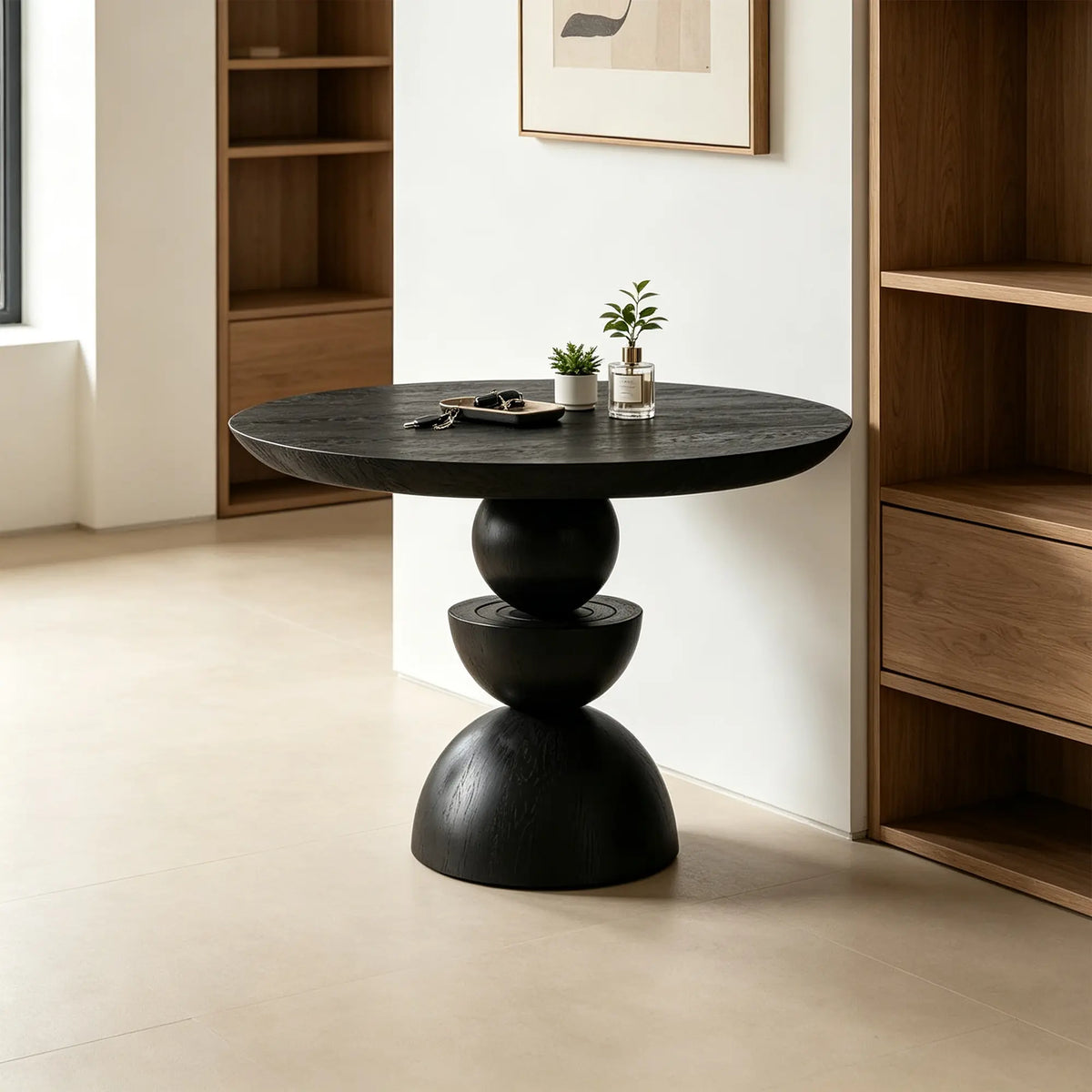 LUXORA Round Solid Wood Dining Table Thickened Top Ash Wood Column Base 90/100cm for Dining Room Open Kitchen - Black