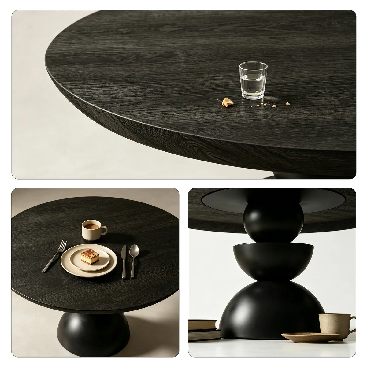 LUXORA Round Solid Wood Dining Table Thickened Top Ash Wood Column Base 90/100cm for Dining Room Open Kitchen - Black