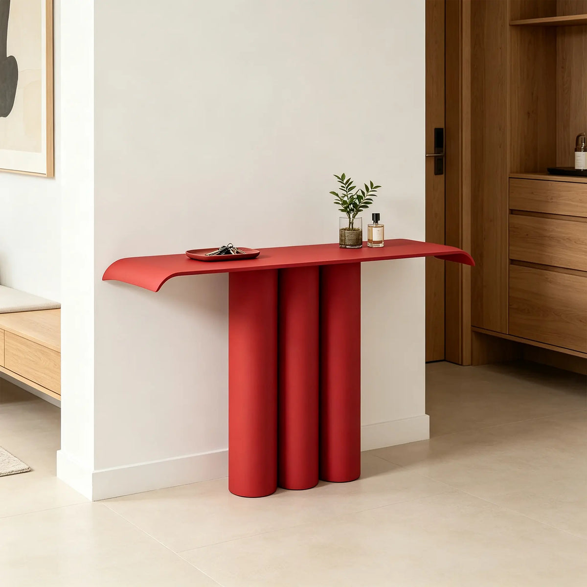 LUXORA Metal Console Table Artistic Cylindrical Base Slim Design 100/120cm for Entryway Hallway Living Room Reception Area - Red