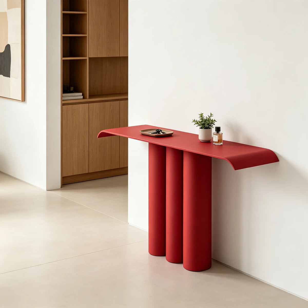 LUXORA Metal Console Table Artistic Cylindrical Base Slim Design 100/120cm for Entryway Hallway Living Room Reception Area - Red