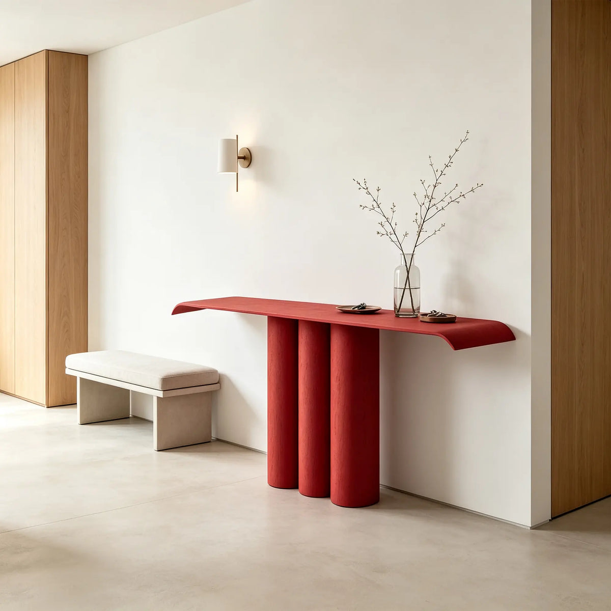 LUXORA Metal Console Table Artistic Cylindrical Base Slim Design 100/120cm for Entryway Hallway Living Room Reception Area - Red