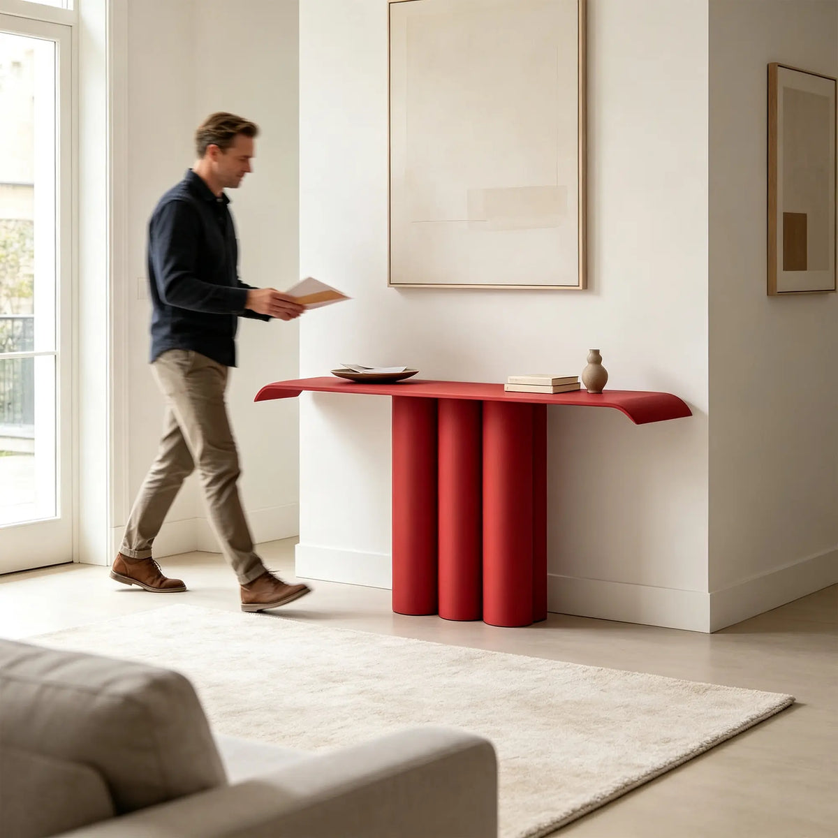 LUXORA Metal Console Table Artistic Cylindrical Base Slim Design 100/120cm for Entryway Hallway Living Room Reception Area - Red