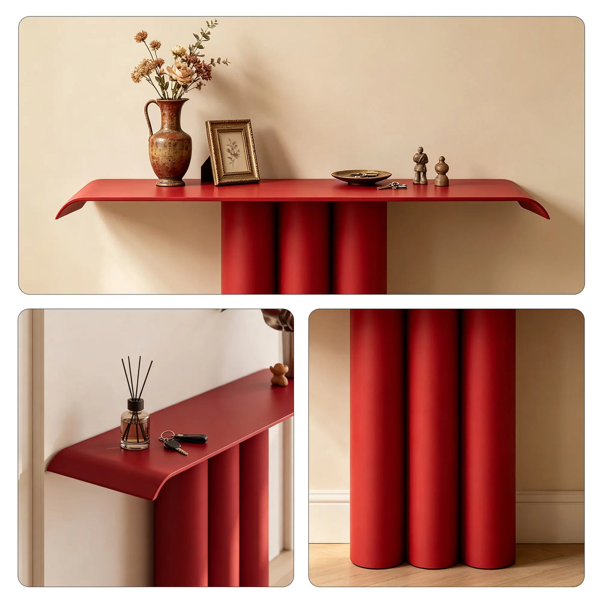 LUXORA Metal Console Table Artistic Cylindrical Base Slim Design 100/120cm for Entryway Hallway Living Room Reception Area - Red