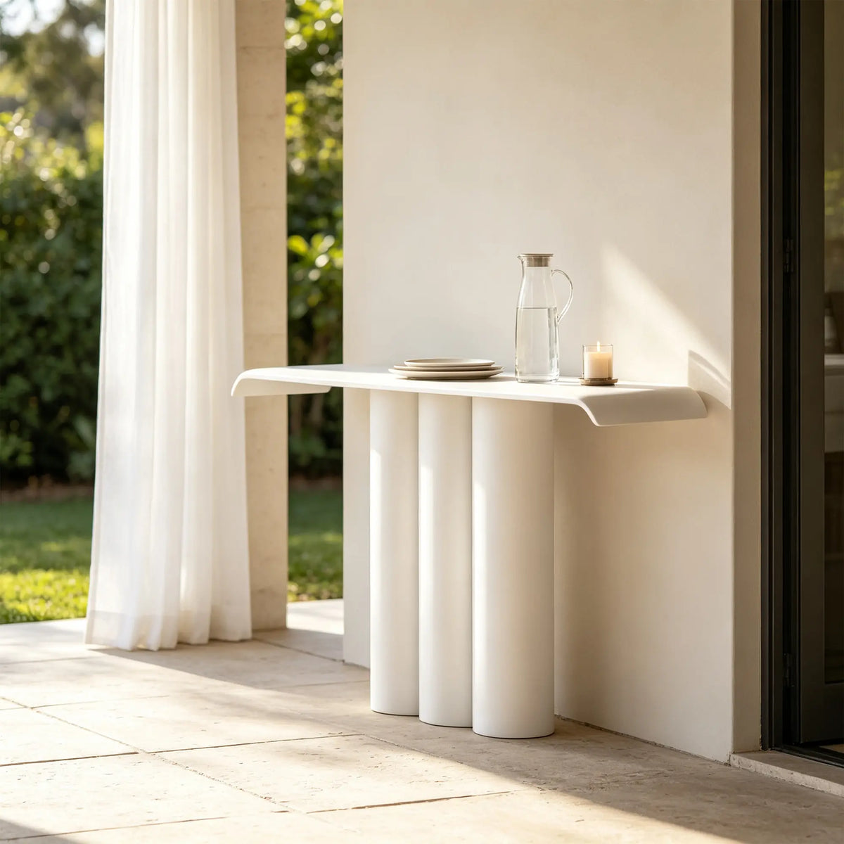 LUXORA Metal Console Table Artistic Cylindrical Base Slim Design 100/120cm for Entryway Hallway Living Room Reception Area - White