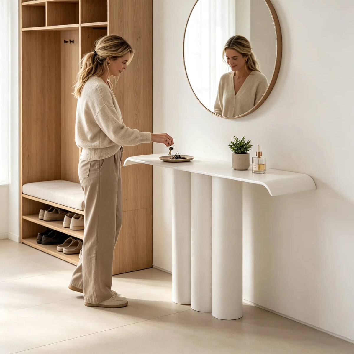 LUXORA Metal Console Table Artistic Cylindrical Base Slim Design 100/120cm for Entryway Hallway Living Room Reception Area - White