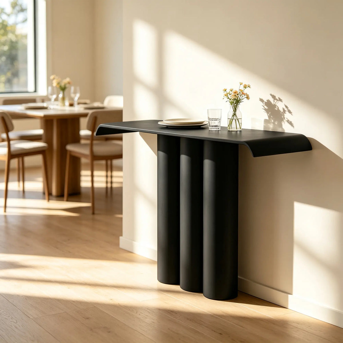 LUXORA Metal Console Table Artistic Cylindrical Base Slim Design 100/120cm for Entryway Hallway Living Room Reception Area - Black