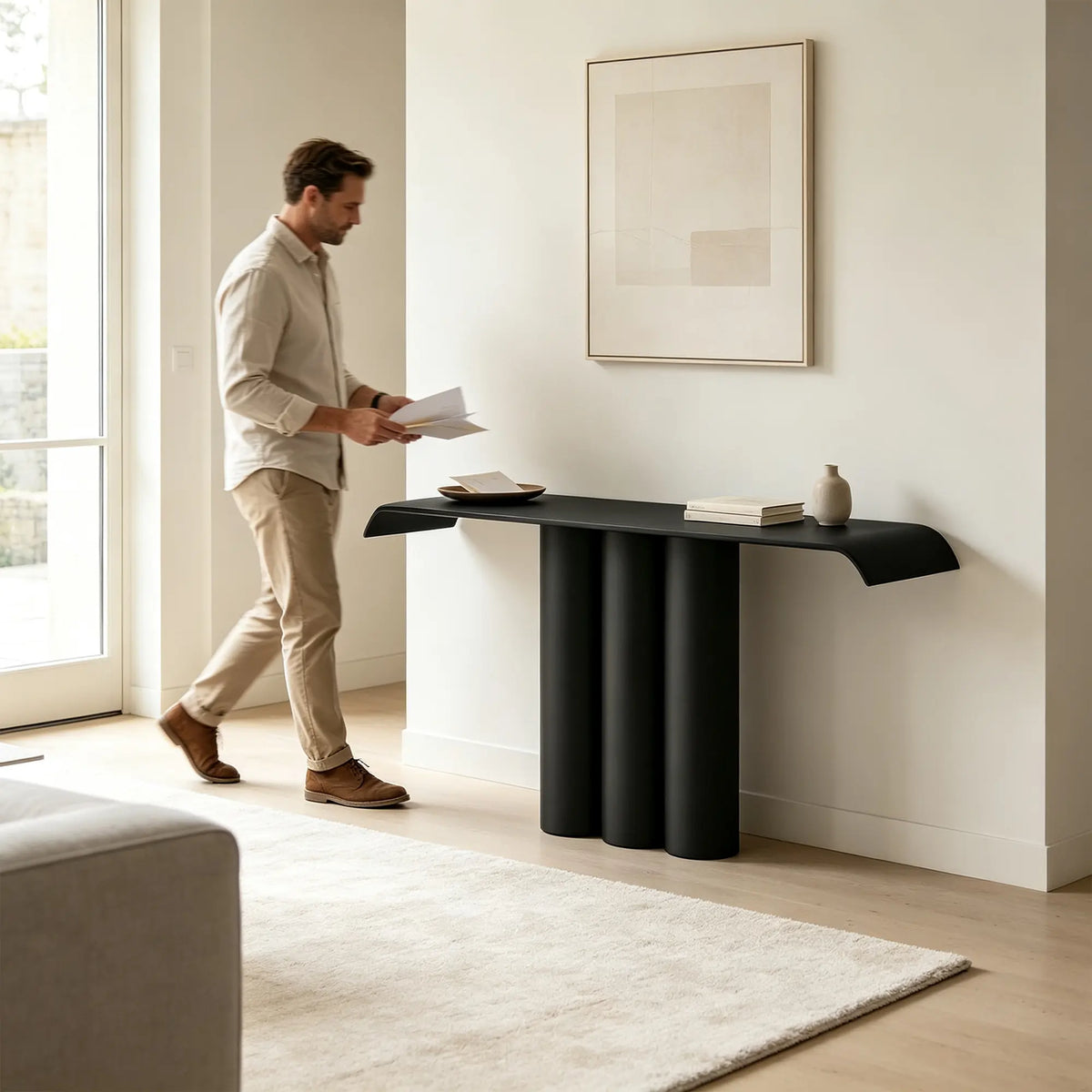 LUXORA Metal Console Table Artistic Cylindrical Base Slim Design 100/120cm for Entryway Hallway Living Room Reception Area - Black
