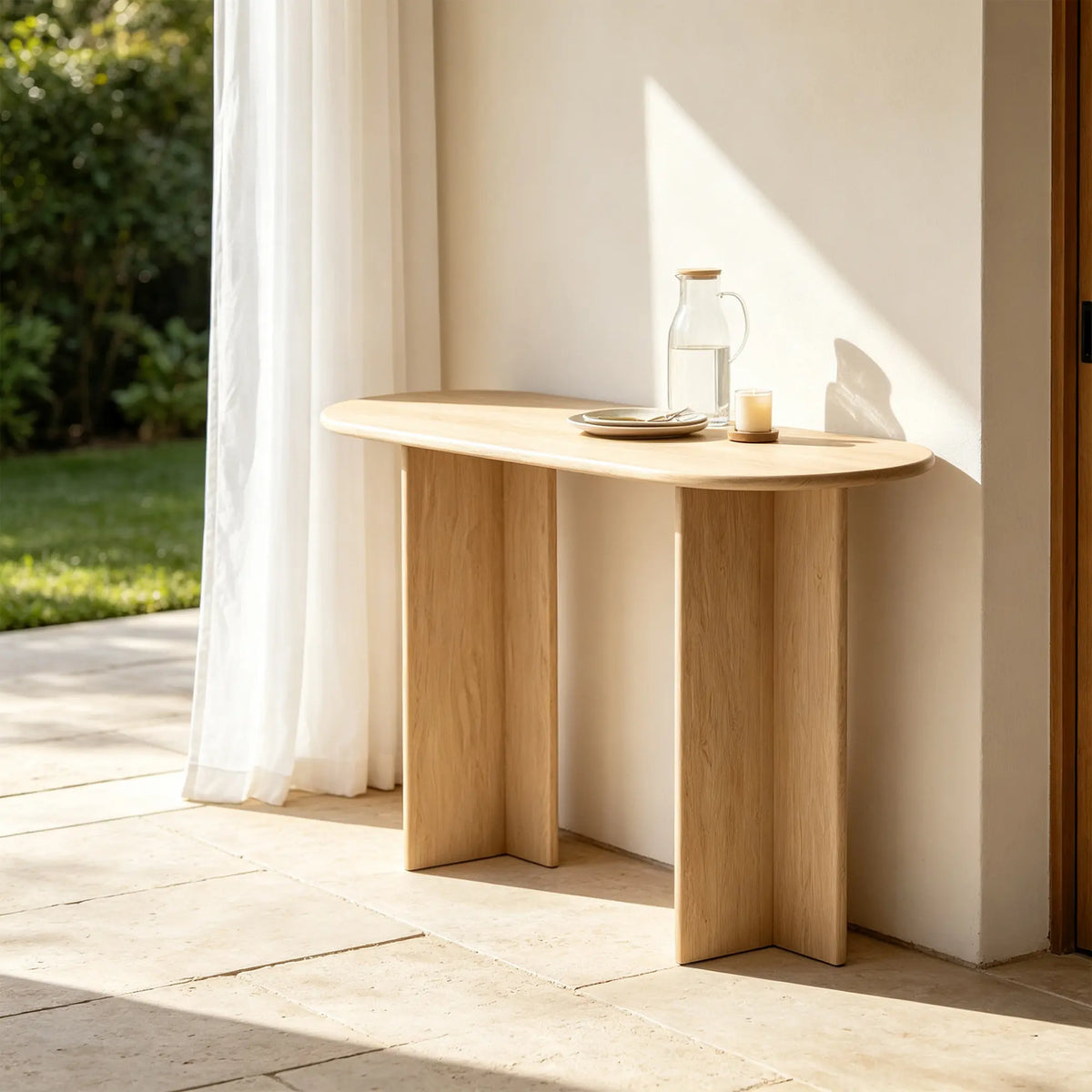 LUXORA Natural Travertine Console Table Ultra Slim Oval Top Interlocking Legs 120cm 140cm for Entryway Hallway Living Room