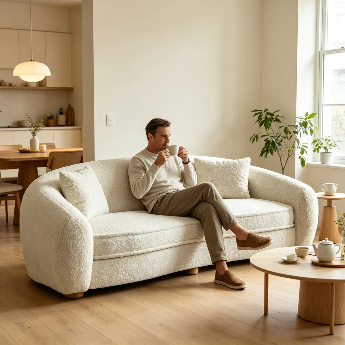 LUXORA Polar Bear 2 Seater Sofa with Soft Teddy Fabric, 45D High Resilience Foam & Wraparound Backrest, 180cm Modern Loveseat for Living Room - Cream White