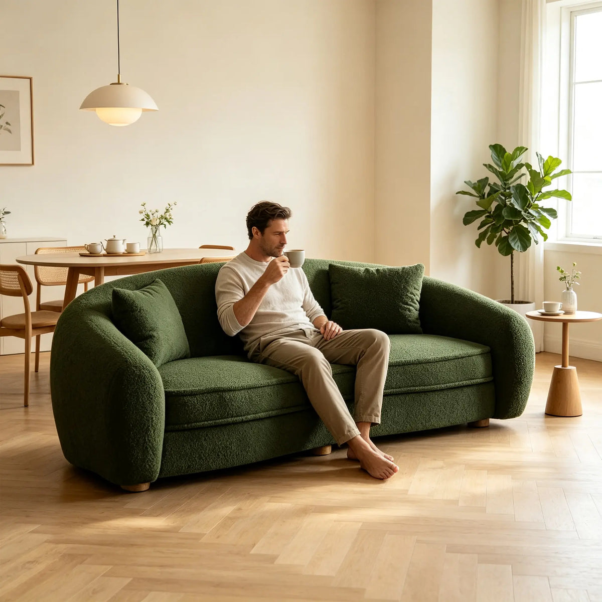 LUXORA Polar Bear 2 Seater Sofa with Soft Teddy Fabric, 45D High Resilience Foam & Wraparound Backrest, 180cm Modern Loveseat for Living Room - Green