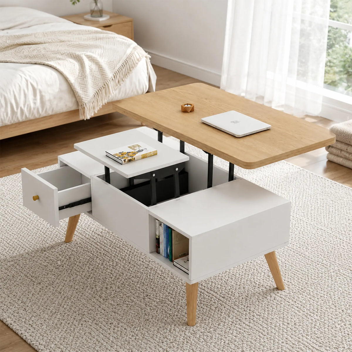 LUXORA Lift Top Coffee Table with Dual Worktops, Storage Drawers & Solid Wood Legs, 100cm/120cm Convertible Dining Table - White & Natural Wood