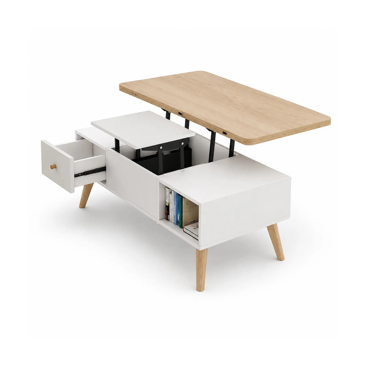 LUXORA Lift Top Coffee Table with Dual Worktops, Storage Drawers & Solid Wood Legs, 100cm/120cm Convertible Dining Table - White & Natural Wood
