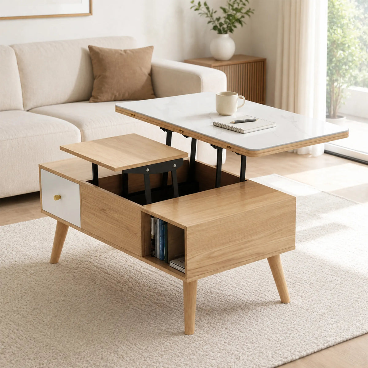 LUXORA Lift Top Coffee Table with Dual Worktops, Storage Drawers & Solid Wood Legs, 100cm/120cm Convertible Dining Table - Wood & White