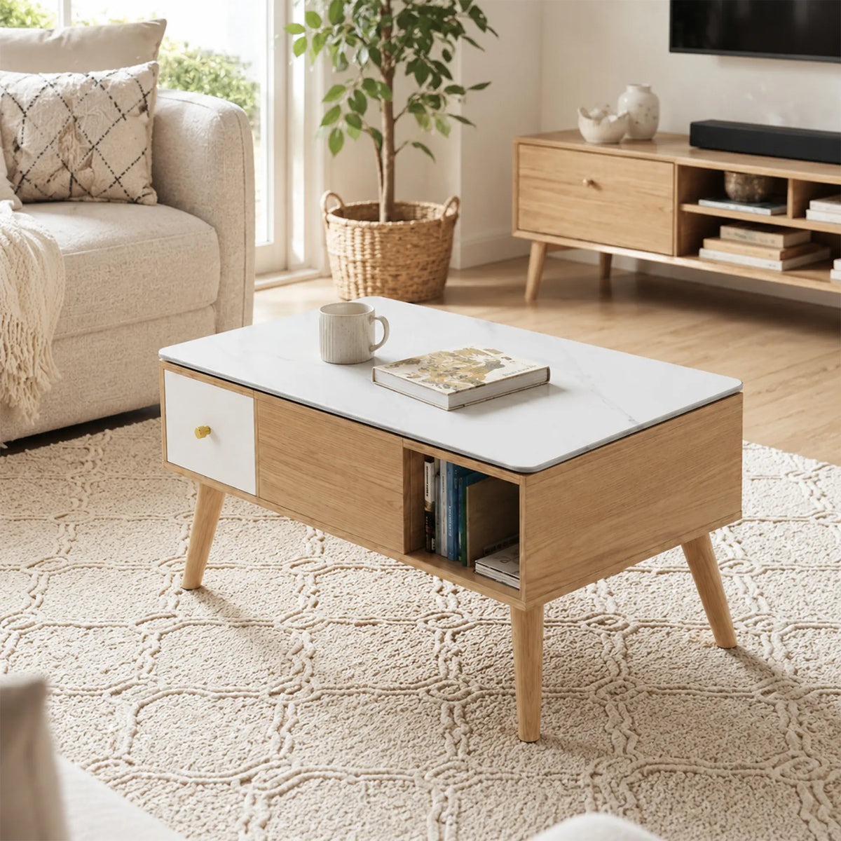 LUXORA Lift Top Coffee Table with Dual Worktops, Storage Drawers & Solid Wood Legs, 100cm/120cm Convertible Dining Table - Wood & White