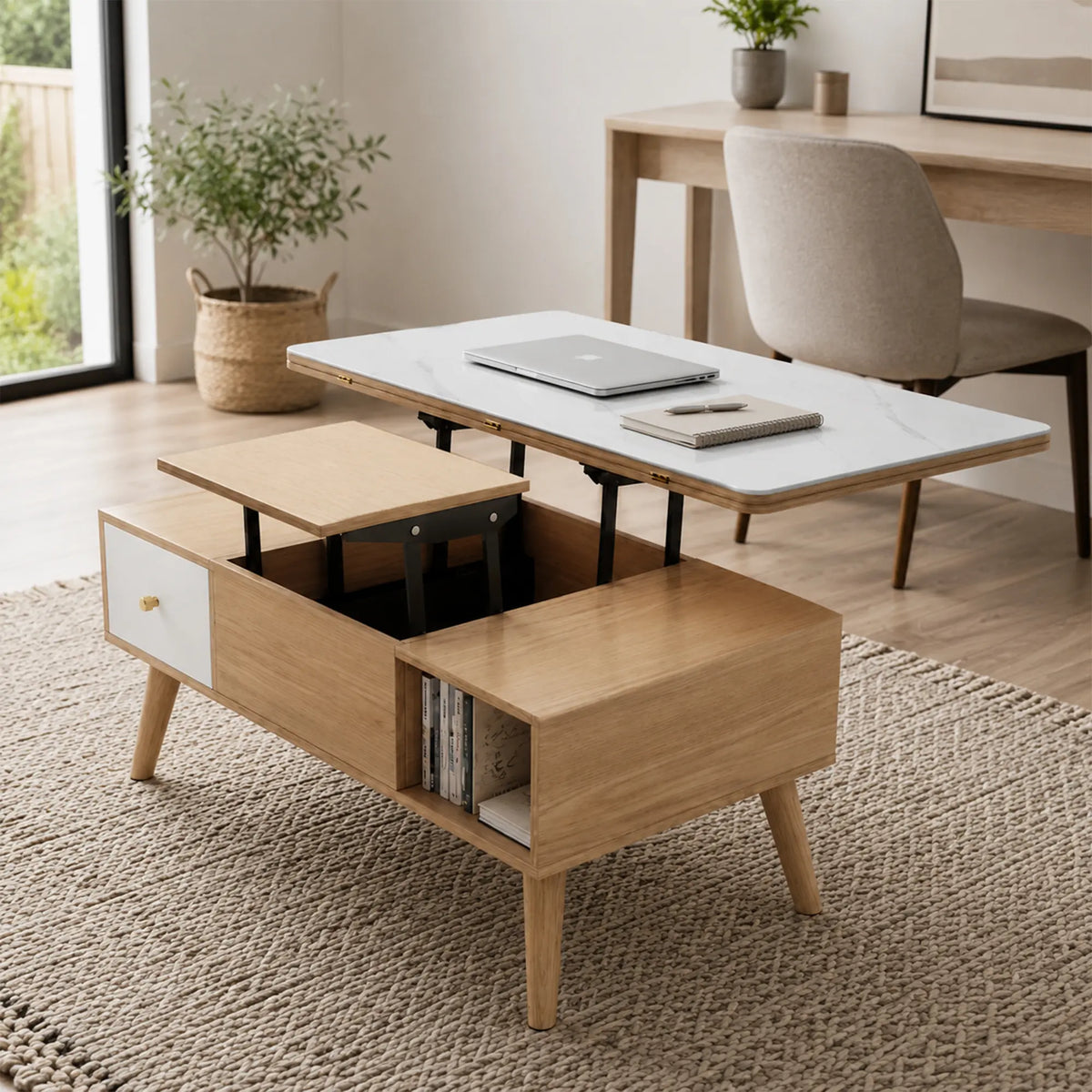 LUXORA Lift Top Coffee Table with Dual Worktops, Storage Drawers & Solid Wood Legs, 100cm/120cm Convertible Dining Table - Wood & White