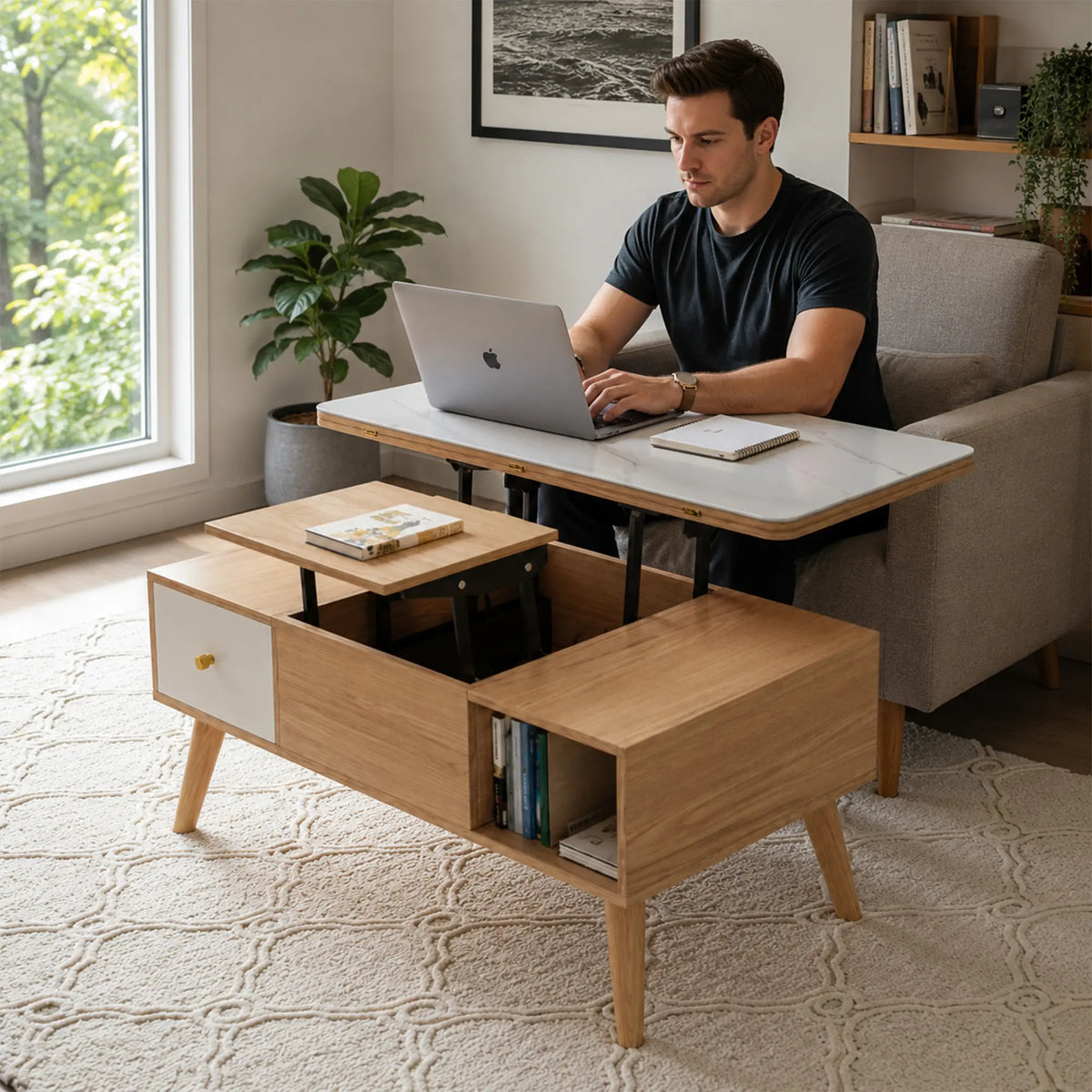 LUXORA Lift Top Coffee Table with Dual Worktops, Storage Drawers & Solid Wood Legs, 100cm/120cm Convertible Dining Table - Wood & White