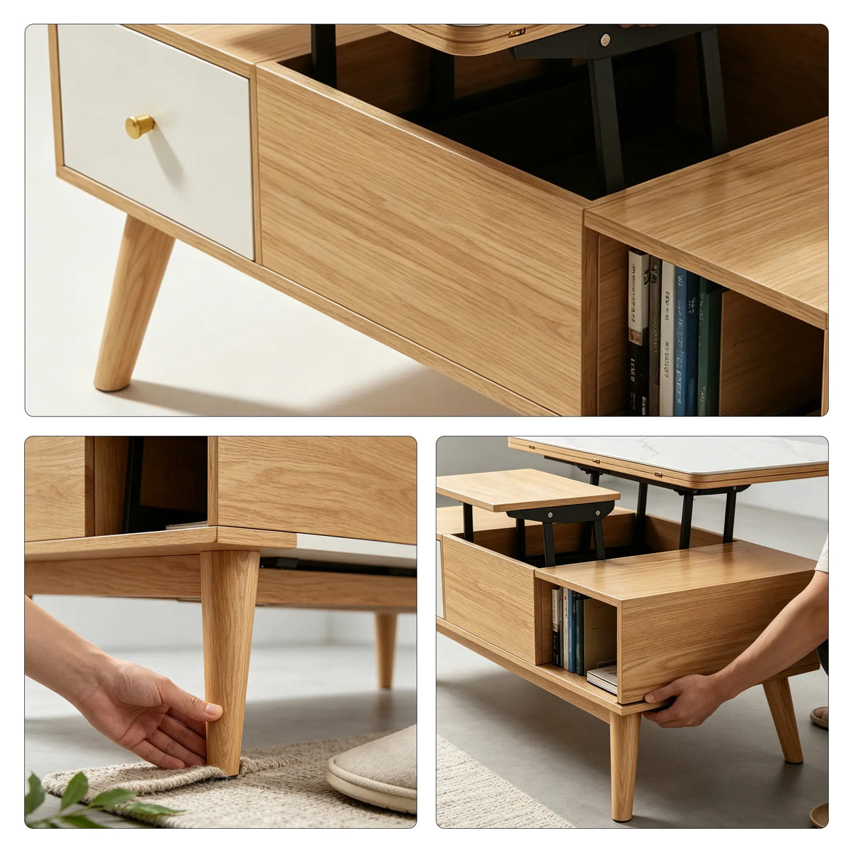 LUXORA Lift Top Coffee Table with Dual Worktops, Storage Drawers & Solid Wood Legs, 100cm/120cm Convertible Dining Table - Wood & White