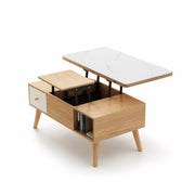 LUXORA Lift Top Coffee Table with Dual Worktops, Storage Drawers & Solid Wood Legs, 100cm/120cm Convertible Dining Table - Wood & White
