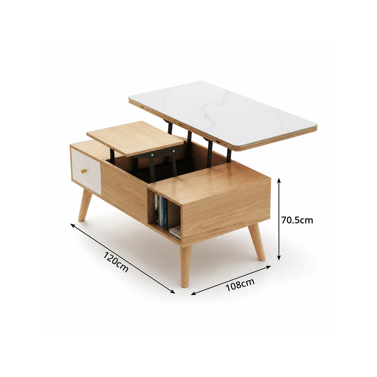 LUXORA Lift Top Coffee Table with Dual Worktops, Storage Drawers & Solid Wood Legs, 100cm/120cm Convertible Dining Table - Wood & White