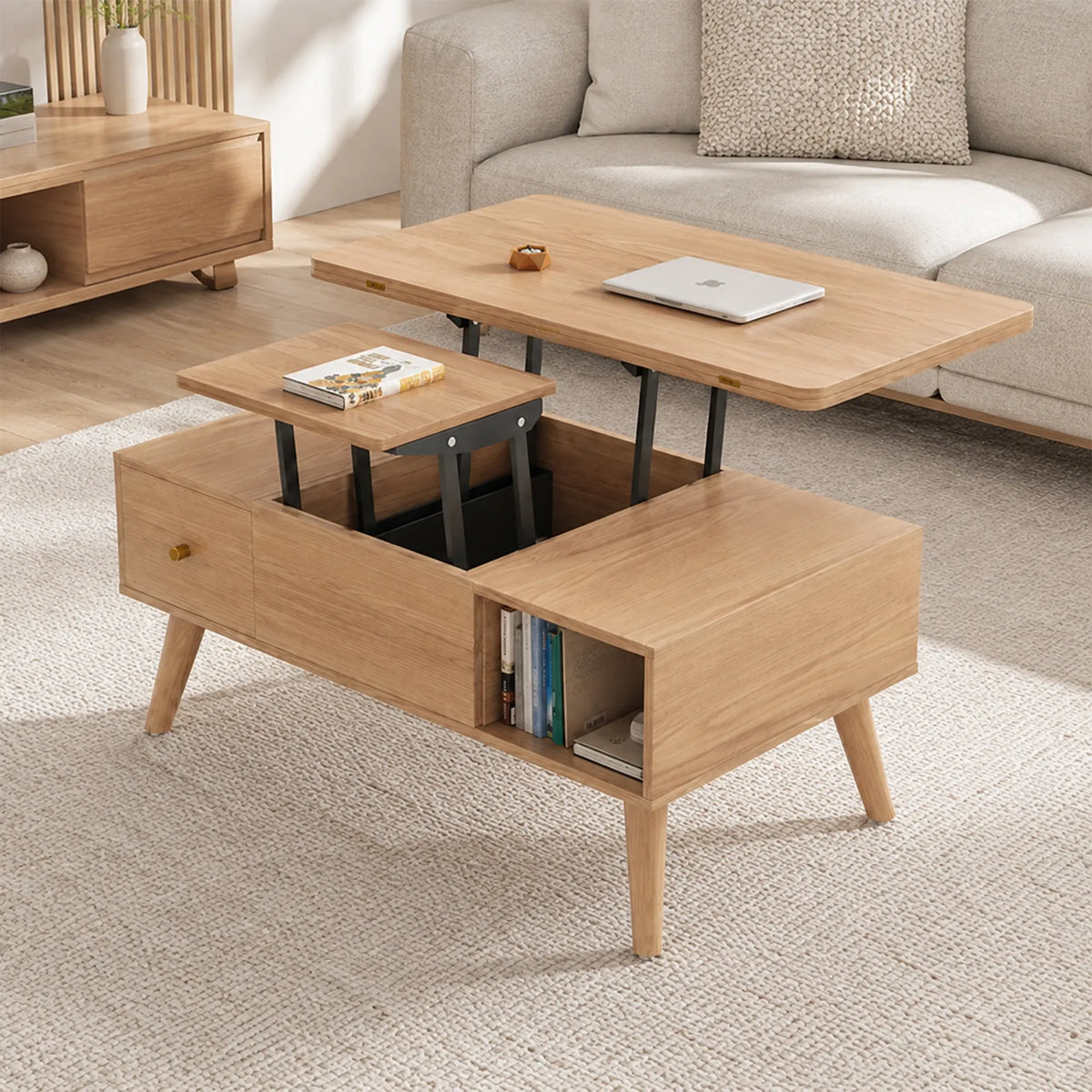 LUXORA Lift Top Coffee Table with Dual Worktops, Storage Drawers & Solid Wood Legs, 100cm/120cm Convertible Dining Table - Wood