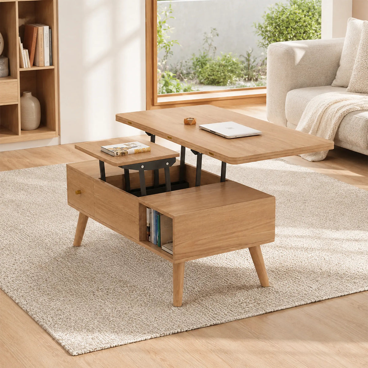 LUXORA Lift Top Coffee Table with Dual Worktops, Storage Drawers & Solid Wood Legs, 100cm/120cm Convertible Dining Table - Wood