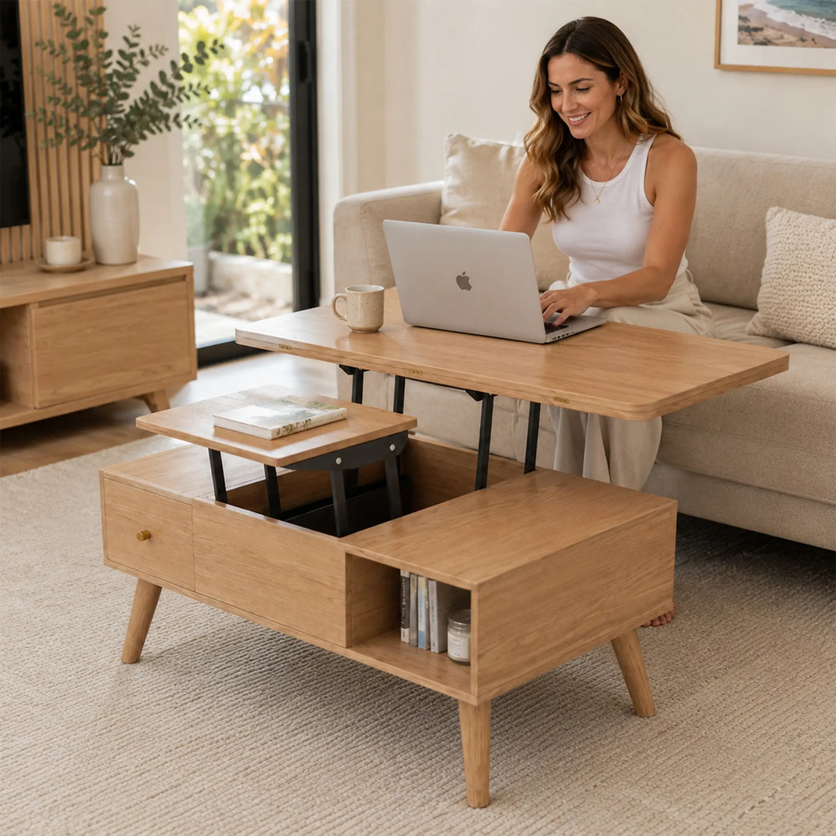 LUXORA Lift Top Coffee Table with Dual Worktops, Storage Drawers & Solid Wood Legs, 100cm/120cm Convertible Dining Table - Wood