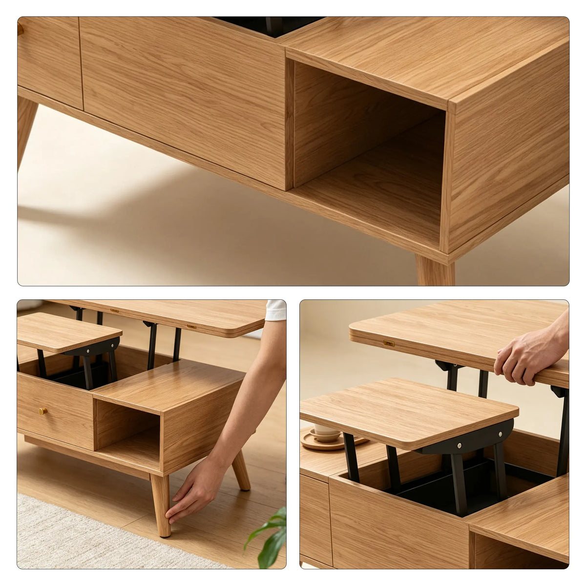 LUXORA Lift Top Coffee Table with Dual Worktops, Storage Drawers & Solid Wood Legs, 100cm/120cm Convertible Dining Table - Wood