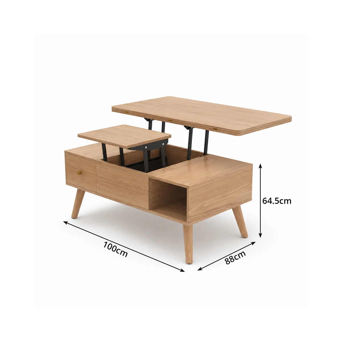 LUXORA Lift Top Coffee Table with Dual Worktops, Storage Drawers & Solid Wood Legs, 100cm/120cm Convertible Dining Table - Wood