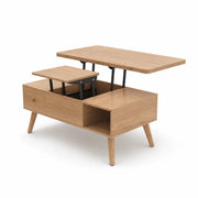 LUXORA Lift Top Coffee Table with Dual Worktops, Storage Drawers & Solid Wood Legs, 100cm/120cm Convertible Dining Table - Wood