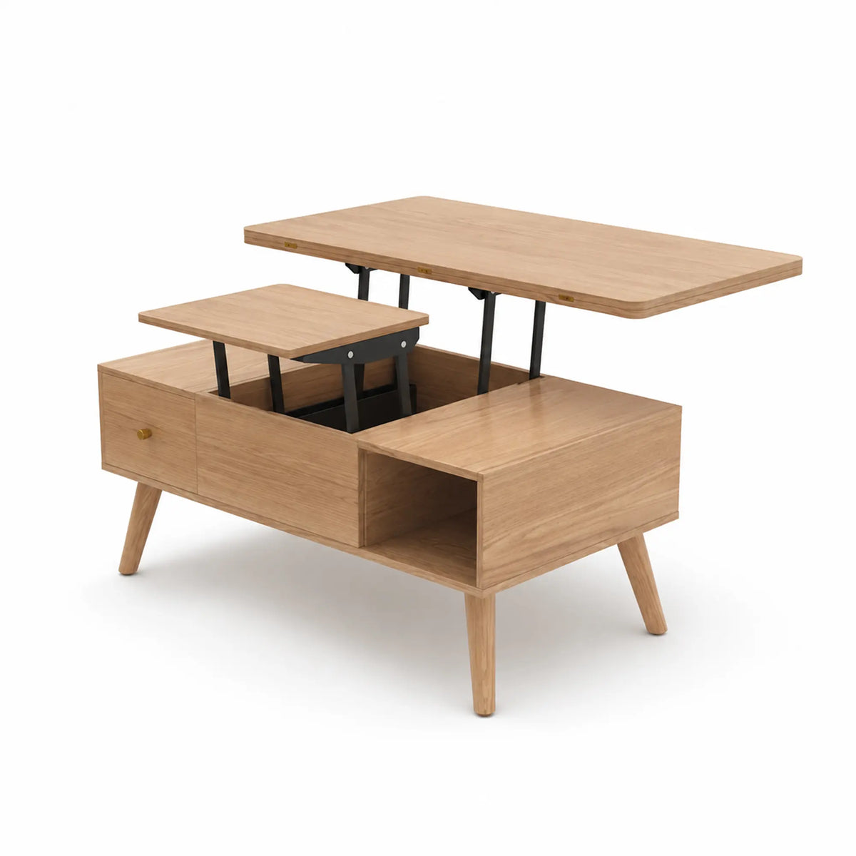 LUXORA Lift Top Coffee Table with Dual Worktops, Storage Drawers & Solid Wood Legs, 100cm/120cm Convertible Dining Table - Wood