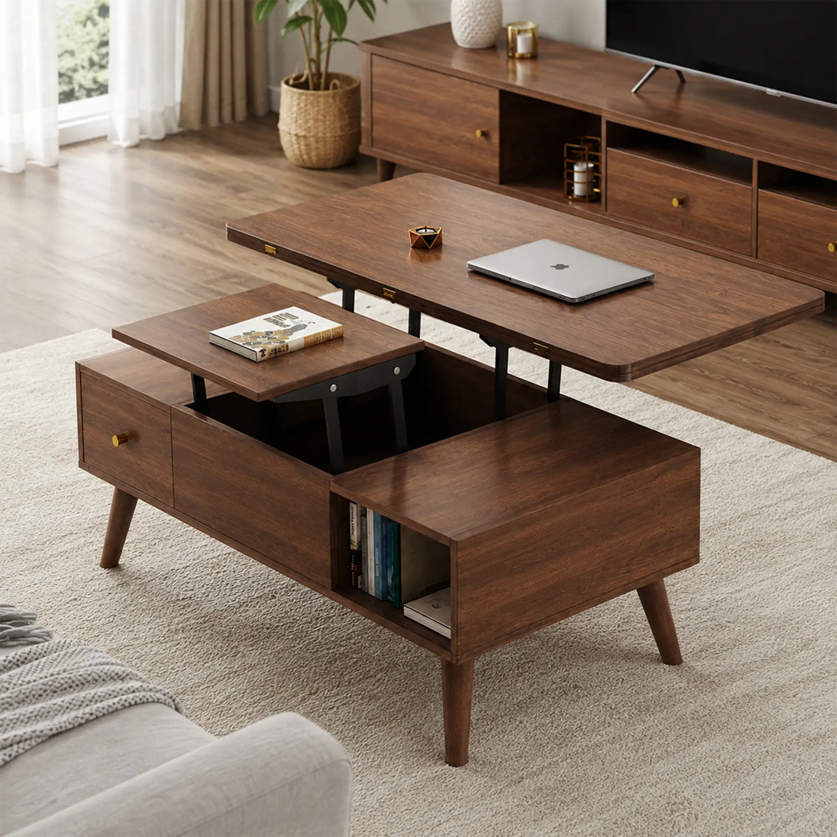 LUXORA Lift Top Coffee Table with Dual Worktops, Storage Drawers & Solid Wood Legs, 100cm/120cm Convertible Dining Table - Walnut