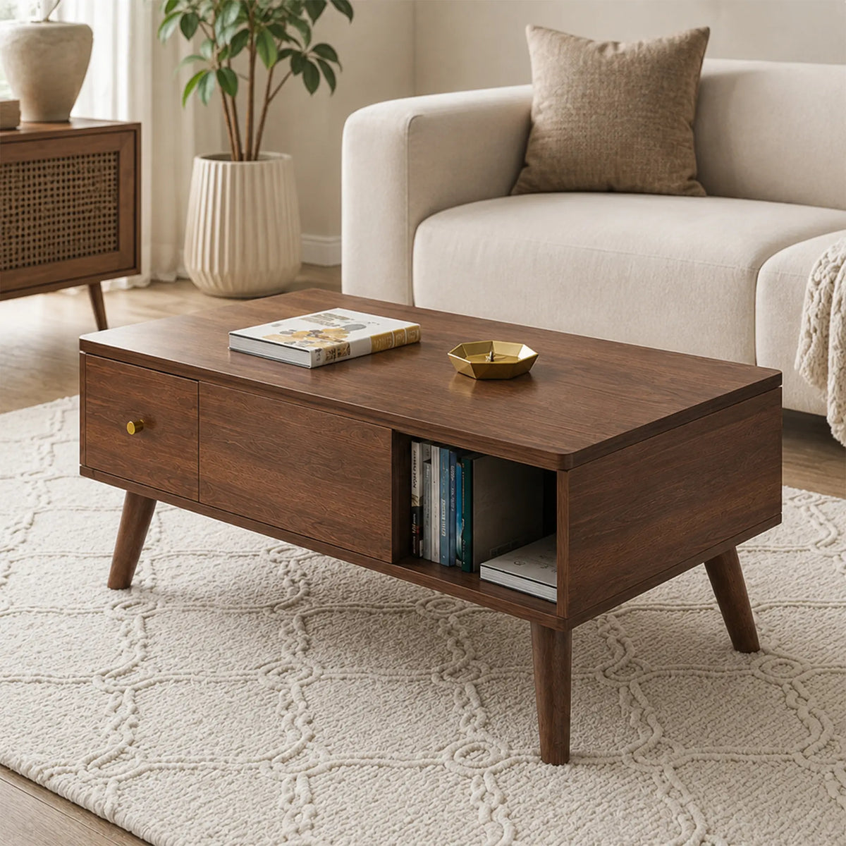 LUXORA Lift Top Coffee Table with Dual Worktops, Storage Drawers & Solid Wood Legs, 100cm/120cm Convertible Dining Table - Walnut