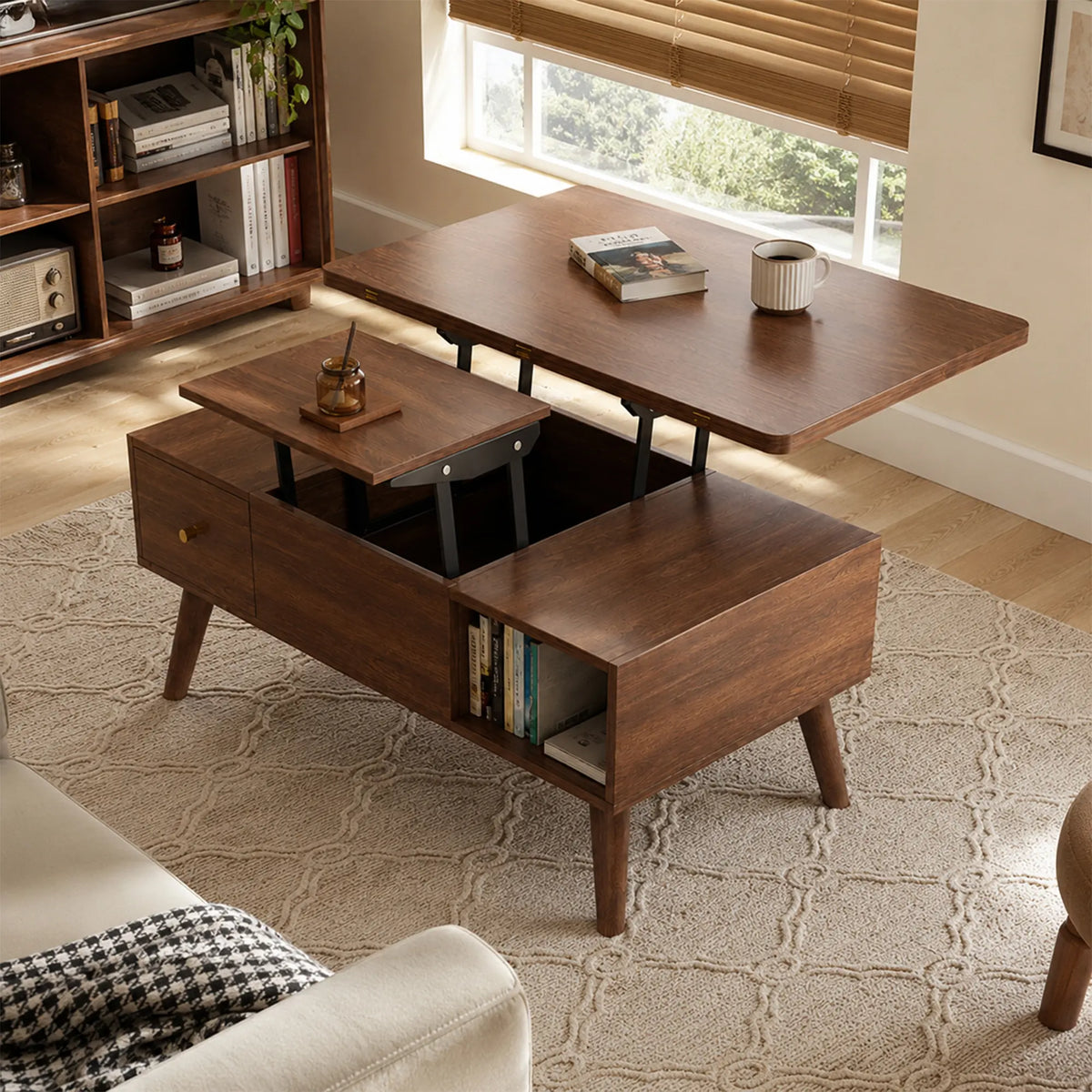 LUXORA Lift Top Coffee Table with Dual Worktops, Storage Drawers & Solid Wood Legs, 100cm/120cm Convertible Dining Table - Walnut