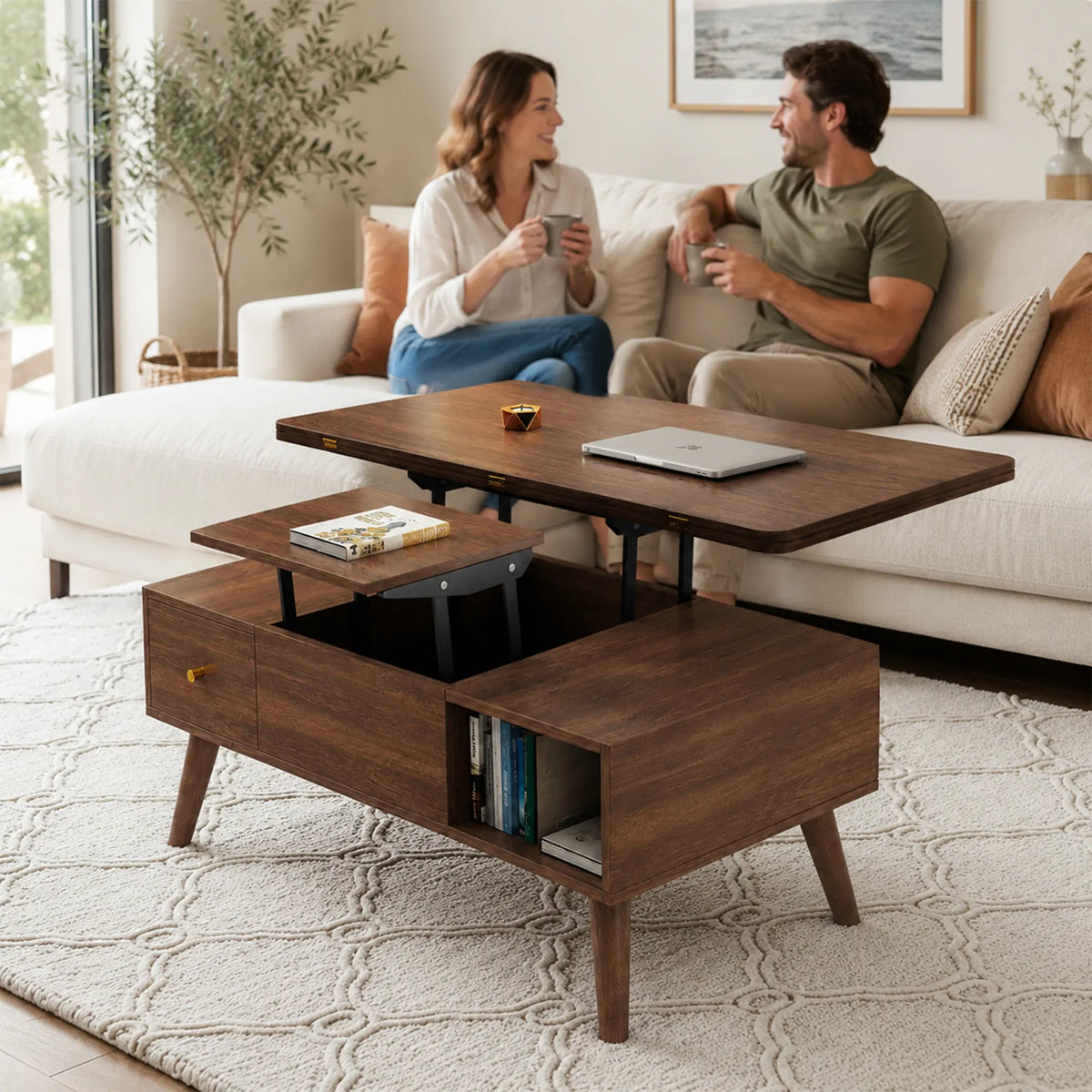 LUXORA Lift Top Coffee Table with Dual Worktops, Storage Drawers & Solid Wood Legs, 100cm/120cm Convertible Dining Table - Walnut