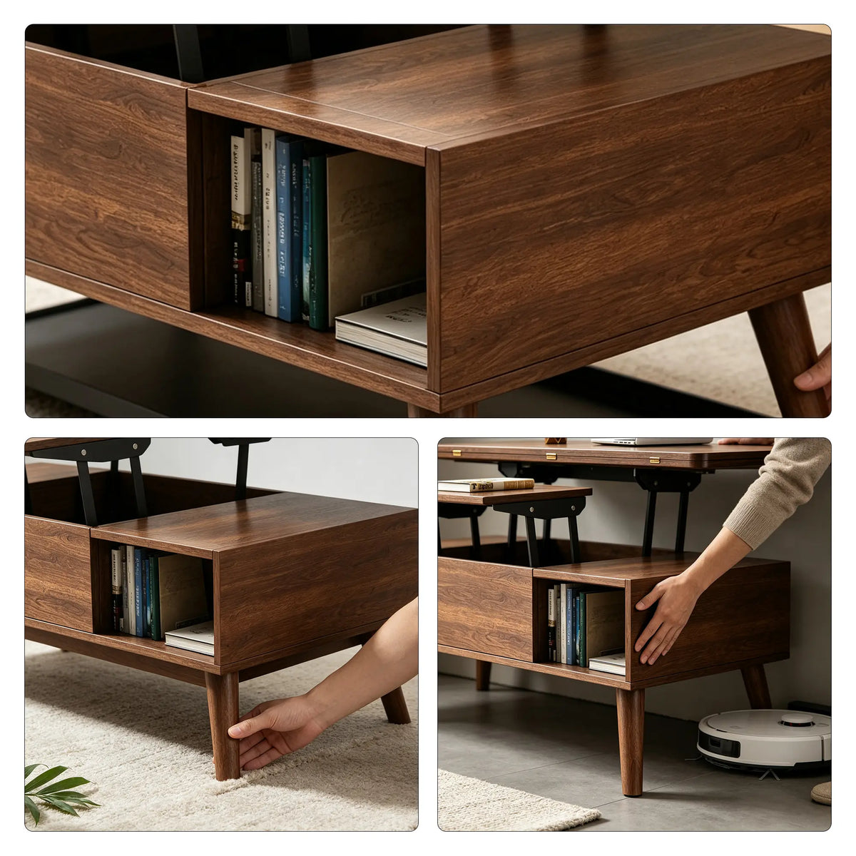 LUXORA Lift Top Coffee Table with Dual Worktops, Storage Drawers & Solid Wood Legs, 100cm/120cm Convertible Dining Table - Walnut