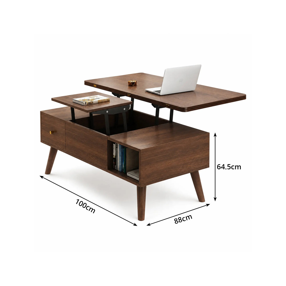 LUXORA Lift Top Coffee Table with Dual Worktops, Storage Drawers & Solid Wood Legs, 100cm/120cm Convertible Dining Table - Walnut