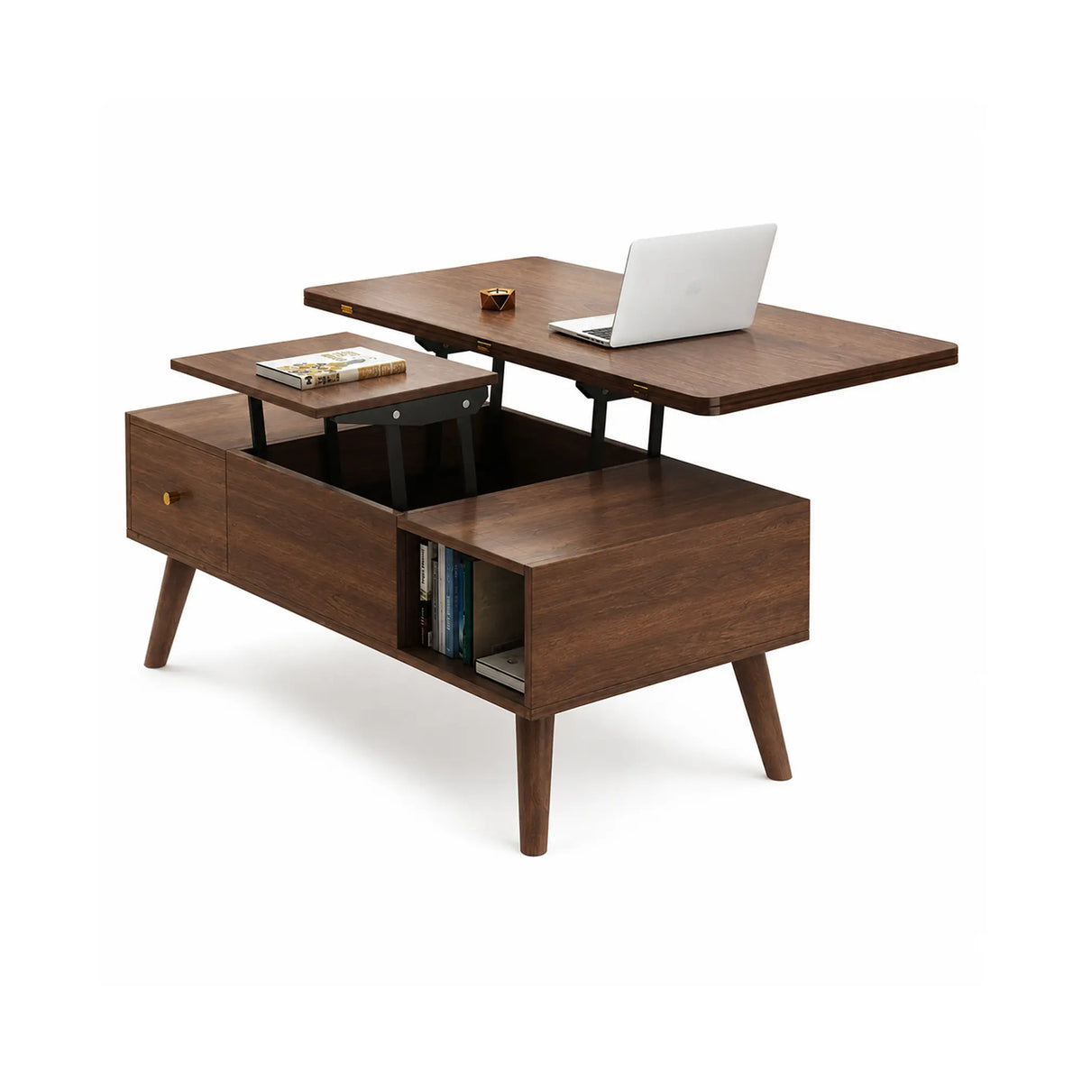 LUXORA Lift Top Coffee Table with Dual Worktops, Storage Drawers & Solid Wood Legs, 100cm/120cm Convertible Dining Table - Walnut