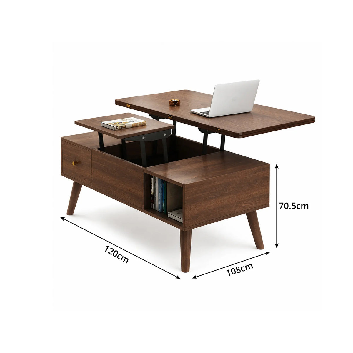 LUXORA Lift Top Coffee Table with Dual Worktops, Storage Drawers & Solid Wood Legs, 100cm/120cm Convertible Dining Table - Walnut