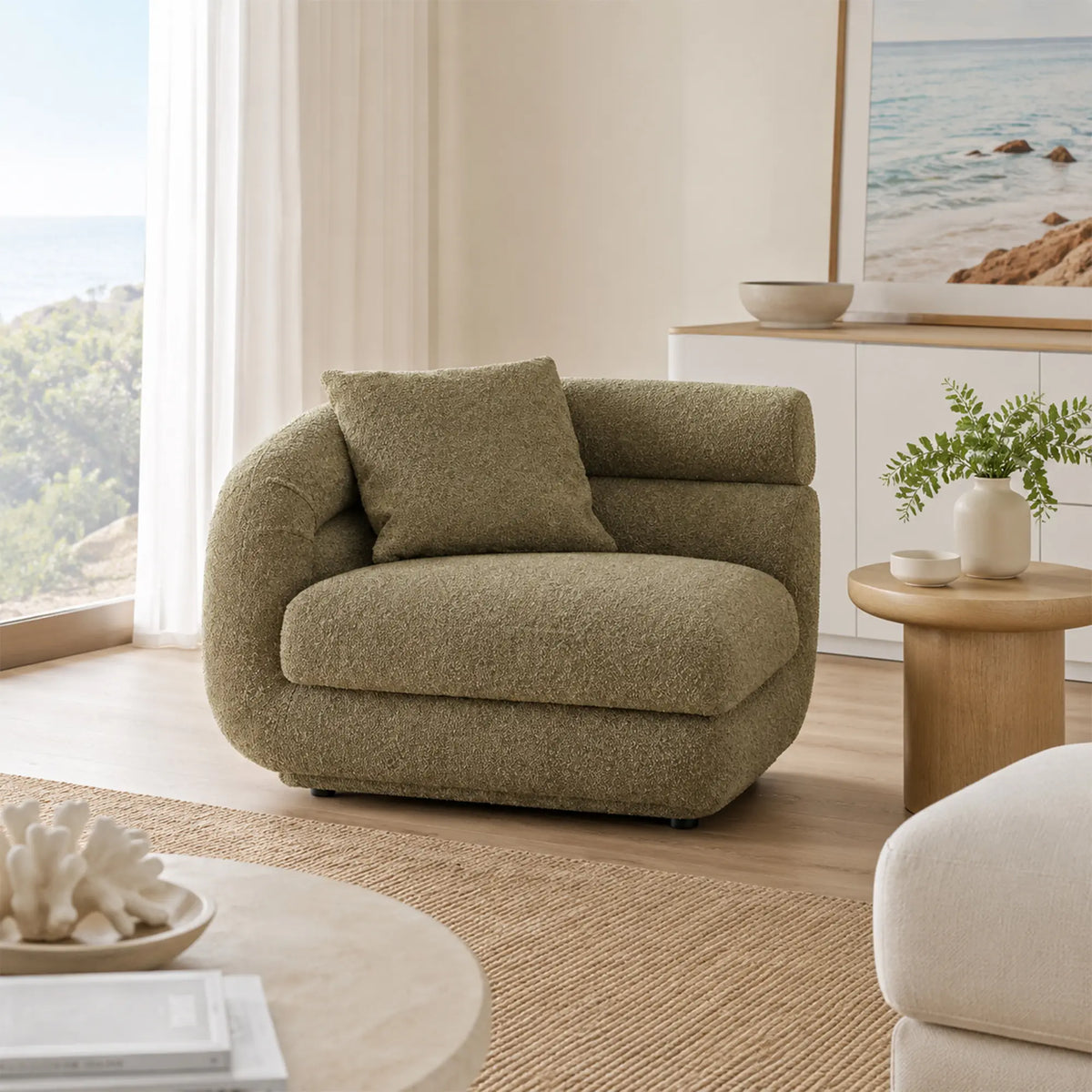 LUXORA Oversized Left Armrest Modular Lounge Chair with Soft Textured Upholstery, High Density Foam & Rounded Design, 115cm Accent Sofa - Olive Green