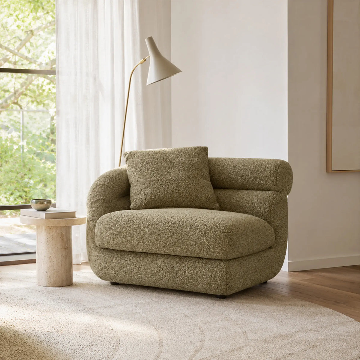 LUXORA Oversized Left Armrest Modular Lounge Chair with Soft Textured Upholstery, High Density Foam & Rounded Design, 115cm Accent Sofa - Olive Green