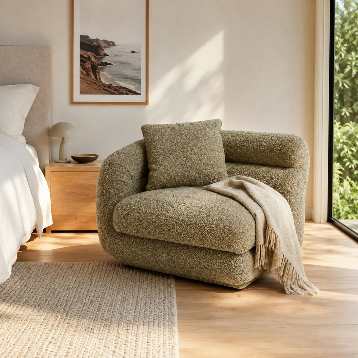 LUXORA Oversized Left Armrest Modular Lounge Chair with Soft Textured Upholstery, High Density Foam & Rounded Design, 115cm Accent Sofa - Olive Green