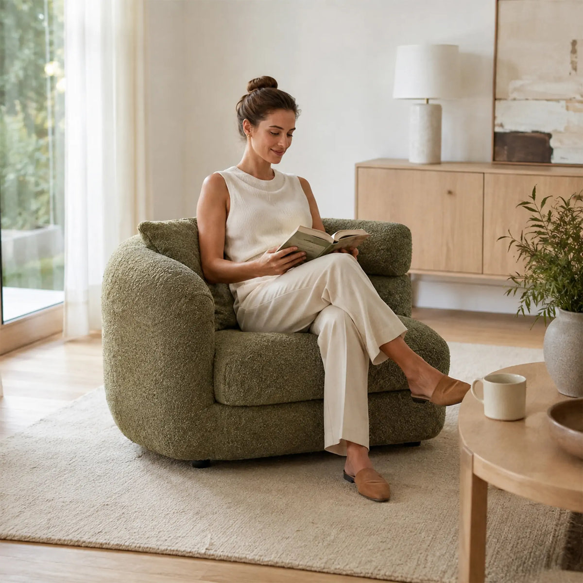 LUXORA Oversized Left Armrest Modular Lounge Chair with Soft Textured Upholstery, High Density Foam & Rounded Design, 115cm Accent Sofa - Olive Green