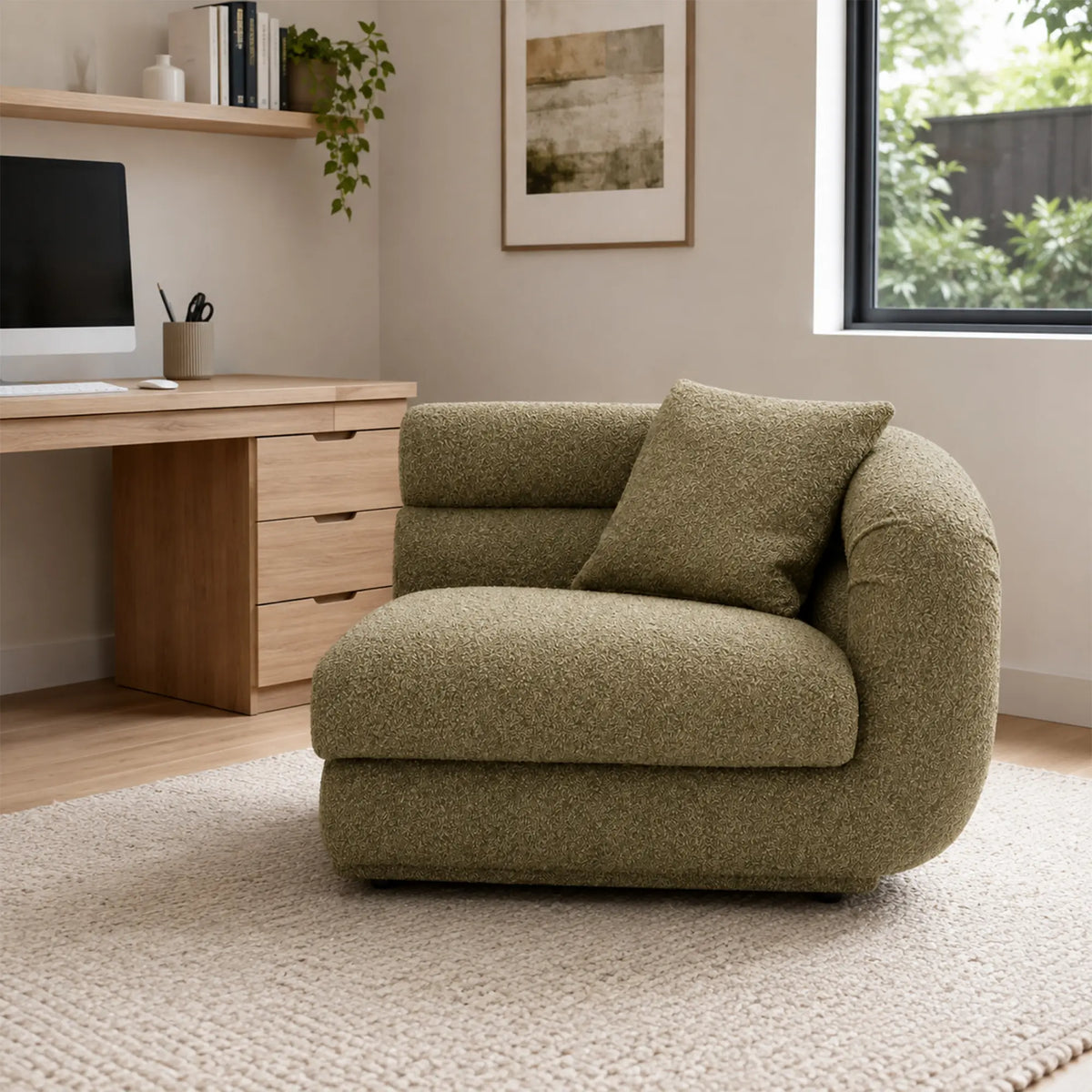 LUXORA Oversized Right Armrest Modular Lounge Chair with Soft Textured Upholstery, High Density Foam & Rounded Design, 115cm Accent Sofa - Olive Green