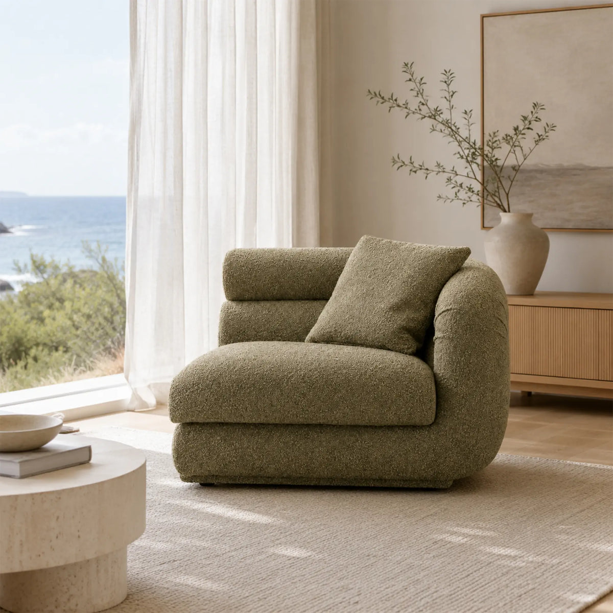 LUXORA Oversized Right Armrest Modular Lounge Chair with Soft Textured Upholstery, High Density Foam & Rounded Design, 115cm Accent Sofa - Olive Green