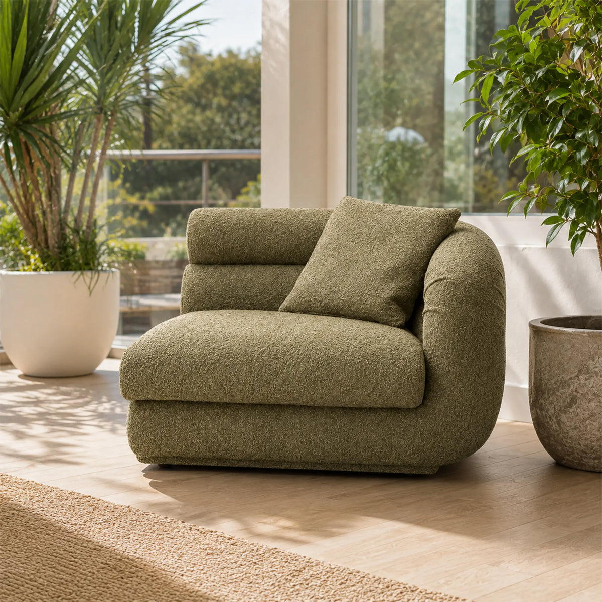 LUXORA Oversized Right Armrest Modular Lounge Chair with Soft Textured Upholstery, High Density Foam & Rounded Design, 115cm Accent Sofa - Olive Green