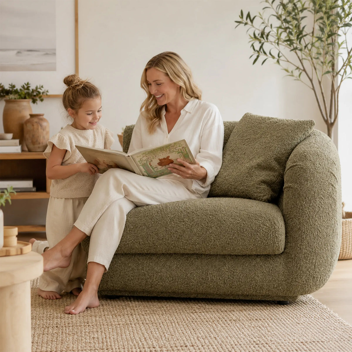 LUXORA Oversized Right Armrest Modular Lounge Chair with Soft Textured Upholstery, High Density Foam & Rounded Design, 115cm Accent Sofa - Olive Green
