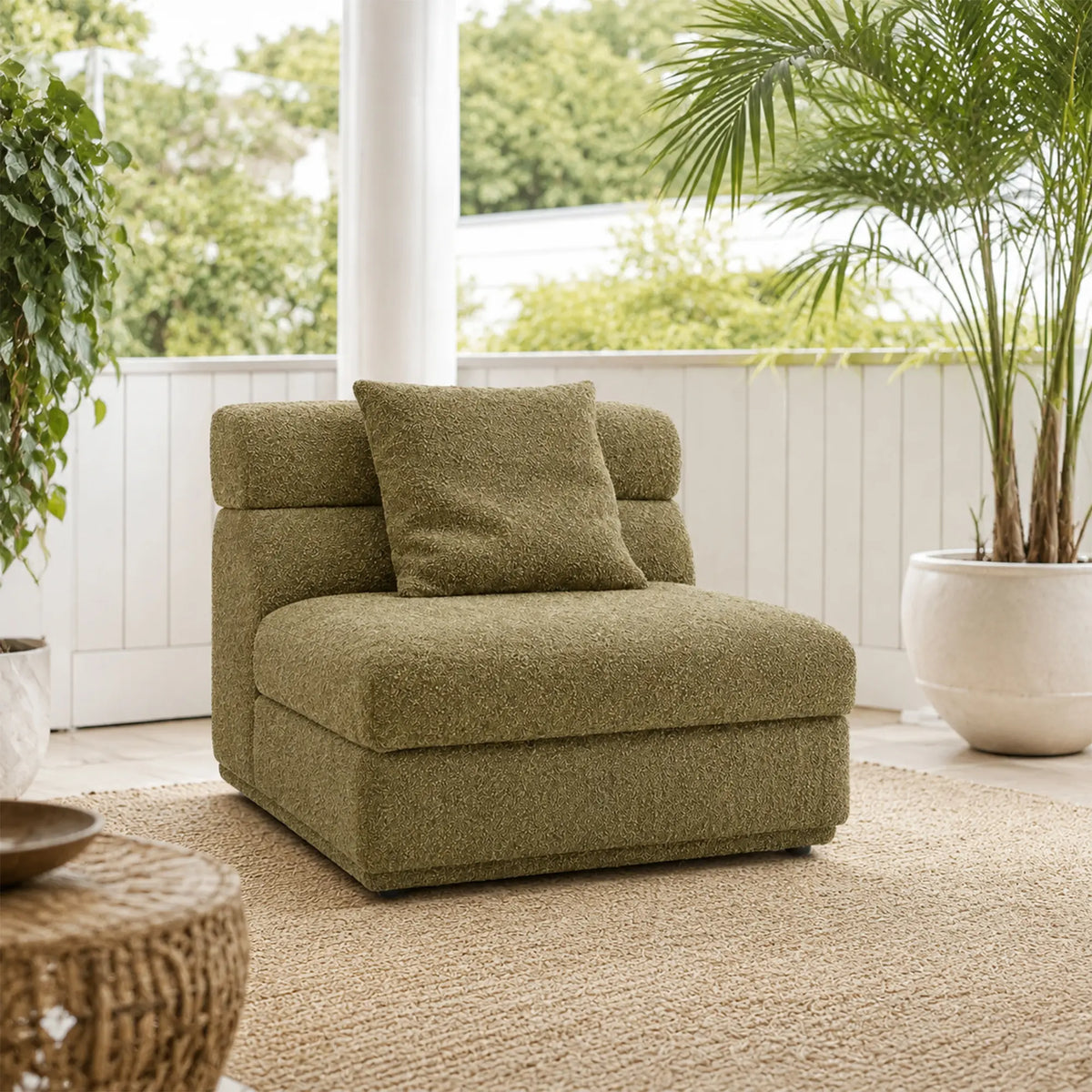 LUXORA Oversized Armless Modular Lounge Chair with Soft Textured Upholstery, High Density Foam & Rounded Design, 95cm Accent Sofa - Olive Green