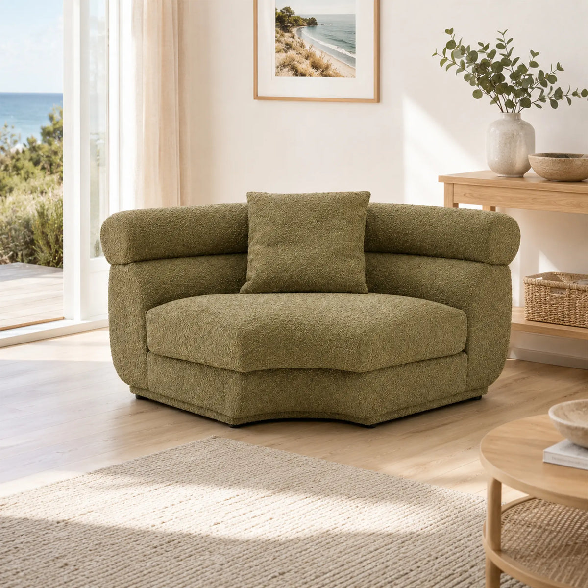 LUXORA Oversized Fan Shaped Modular Lounge Chair with Soft Textured Upholstery, High Density Foam & Curved Design, 128cm Accent Sofa - Olive Green