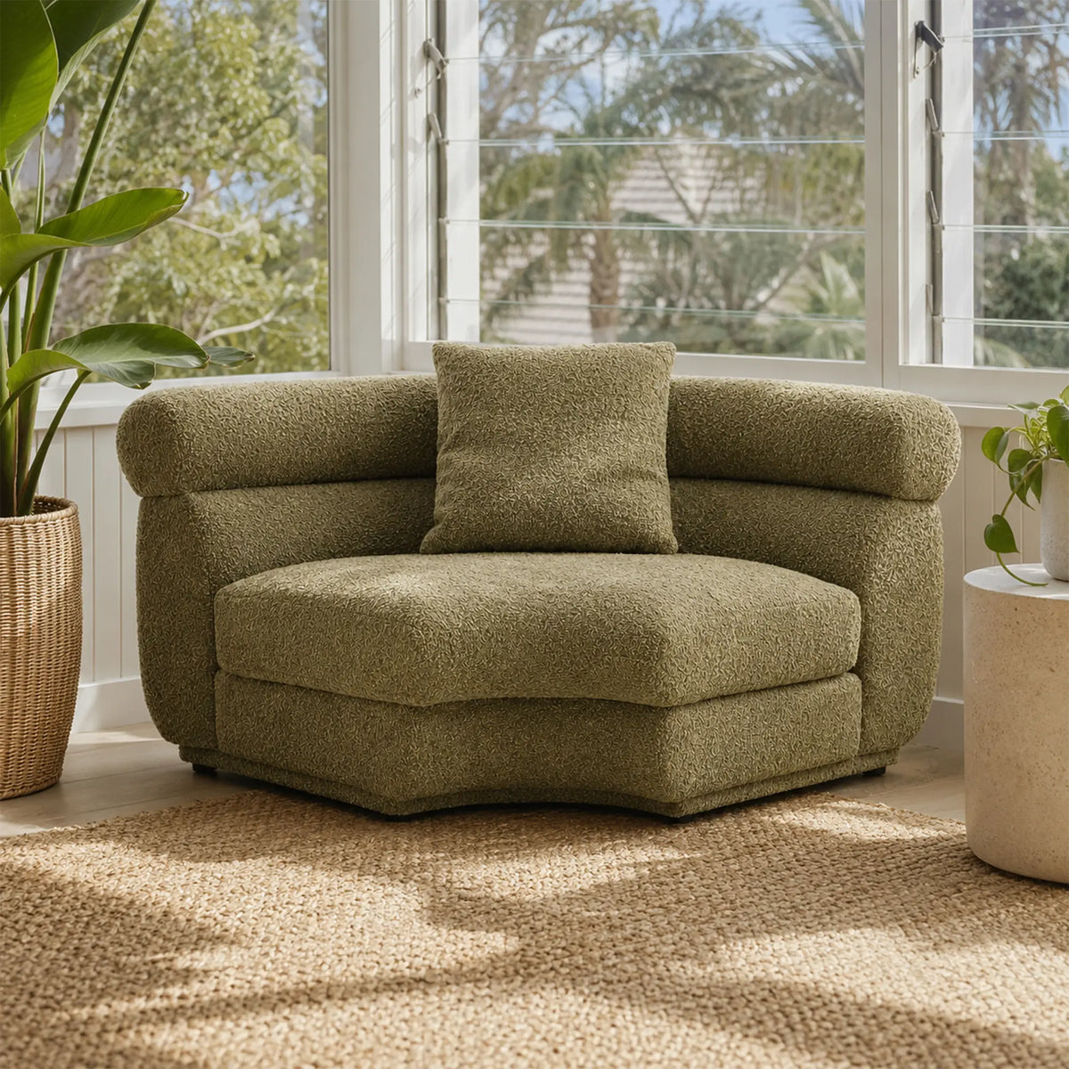 LUXORA Oversized Fan Shaped Modular Lounge Chair with Soft Textured Upholstery, High Density Foam & Curved Design, 128cm Accent Sofa - Olive Green