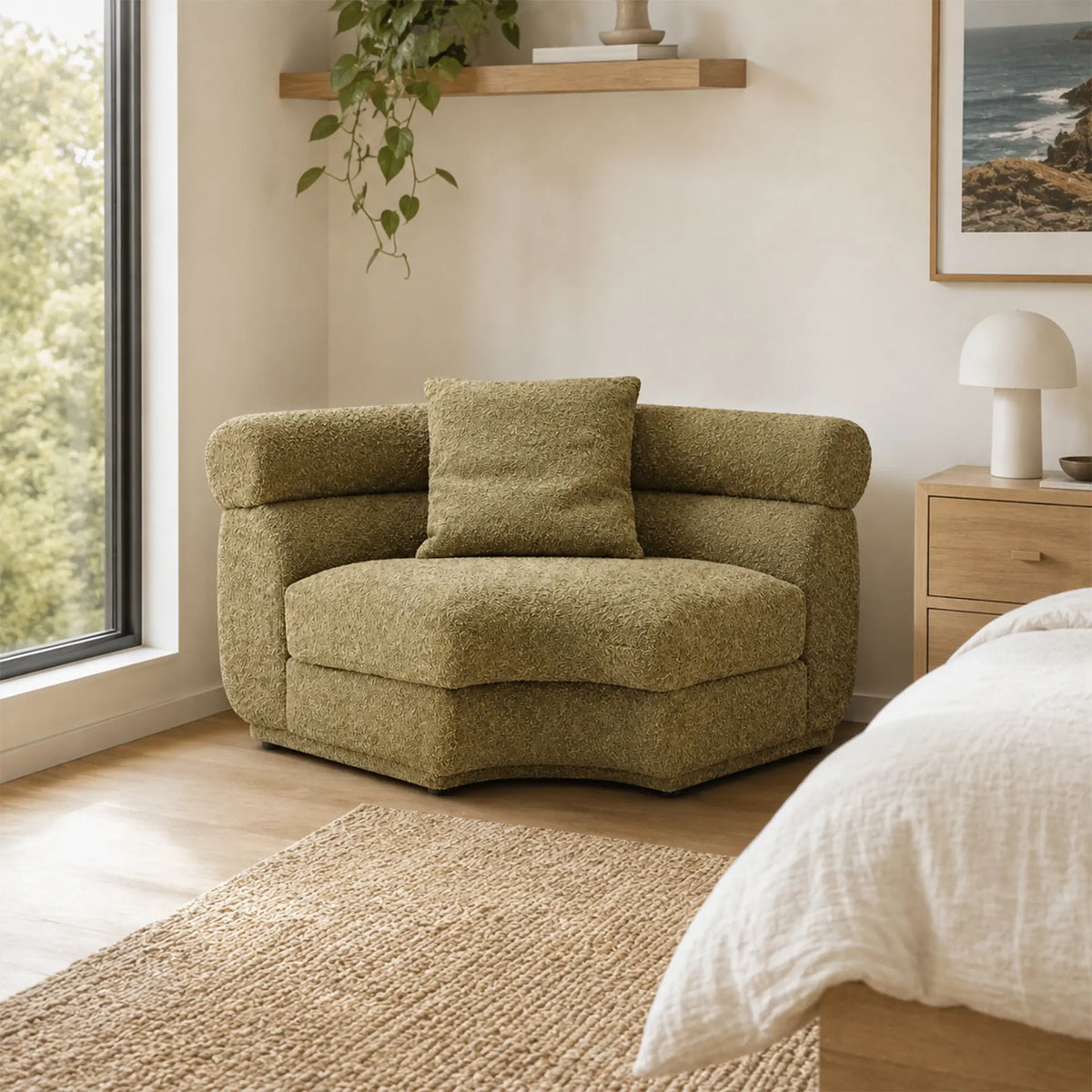 LUXORA Oversized Fan Shaped Modular Lounge Chair with Soft Textured Upholstery, High Density Foam & Curved Design, 128cm Accent Sofa - Olive Green